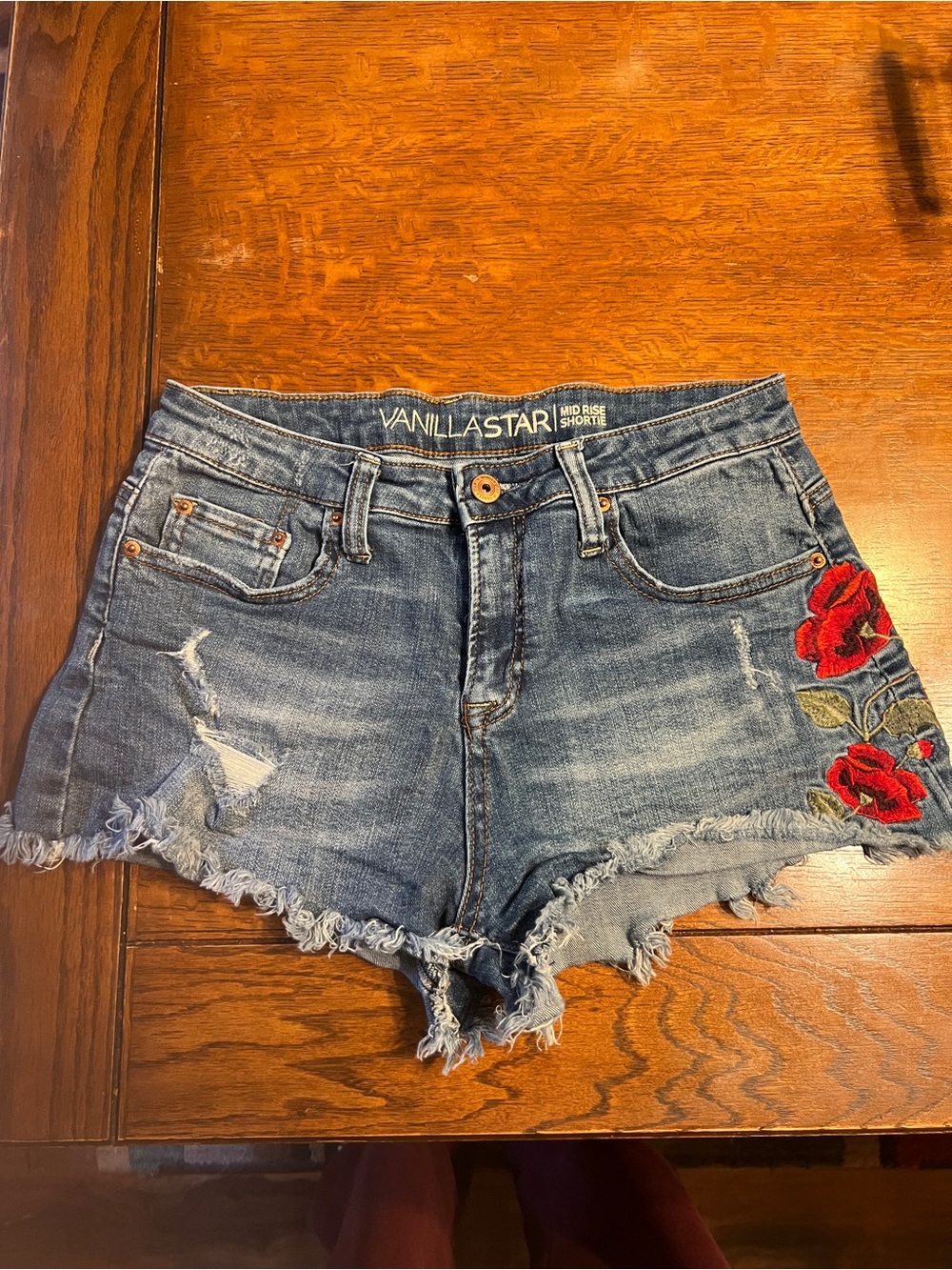 Vanilla Star Distressed Blue Denim Shorts with Red Rose Appliqué